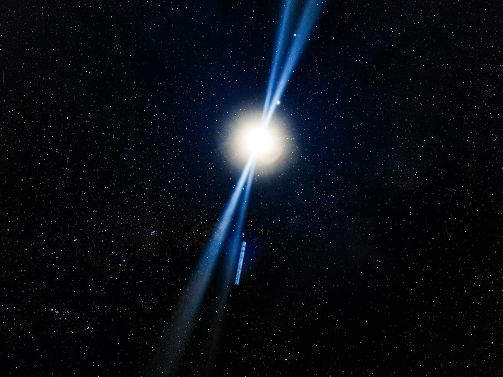 A radiant starburst illuminates the vast galaxy, casting blue rays through the star-filled night sky.
