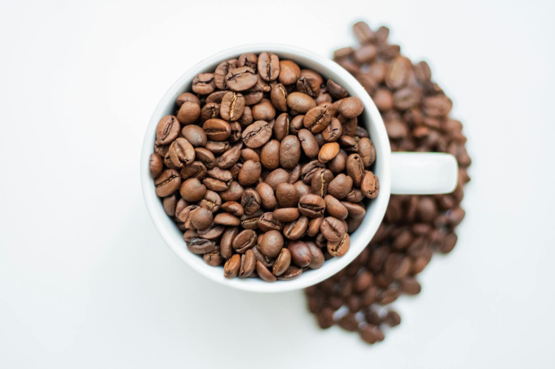 Top view of a coffee cup brimming with roasted coffee beans on a white background.