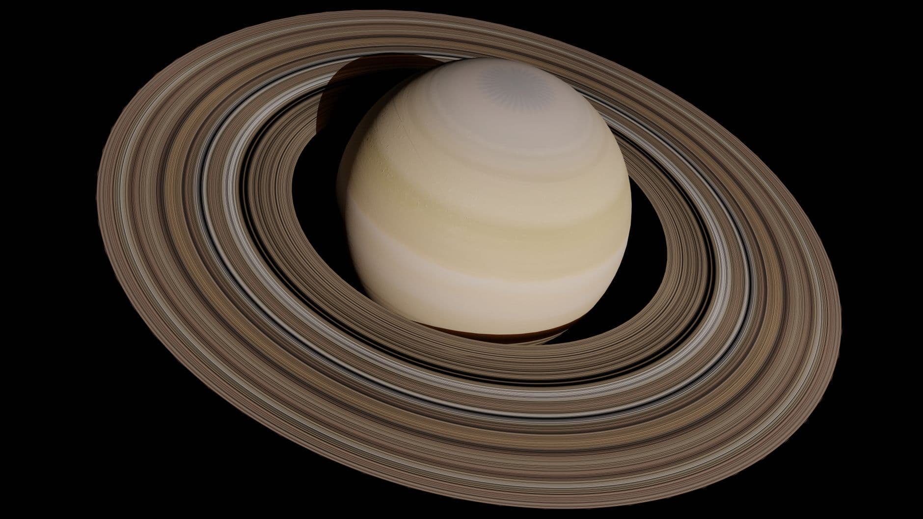A stunning 3D render of Saturn's rings set against a black space backdrop, showcasing its cosmic elegance.