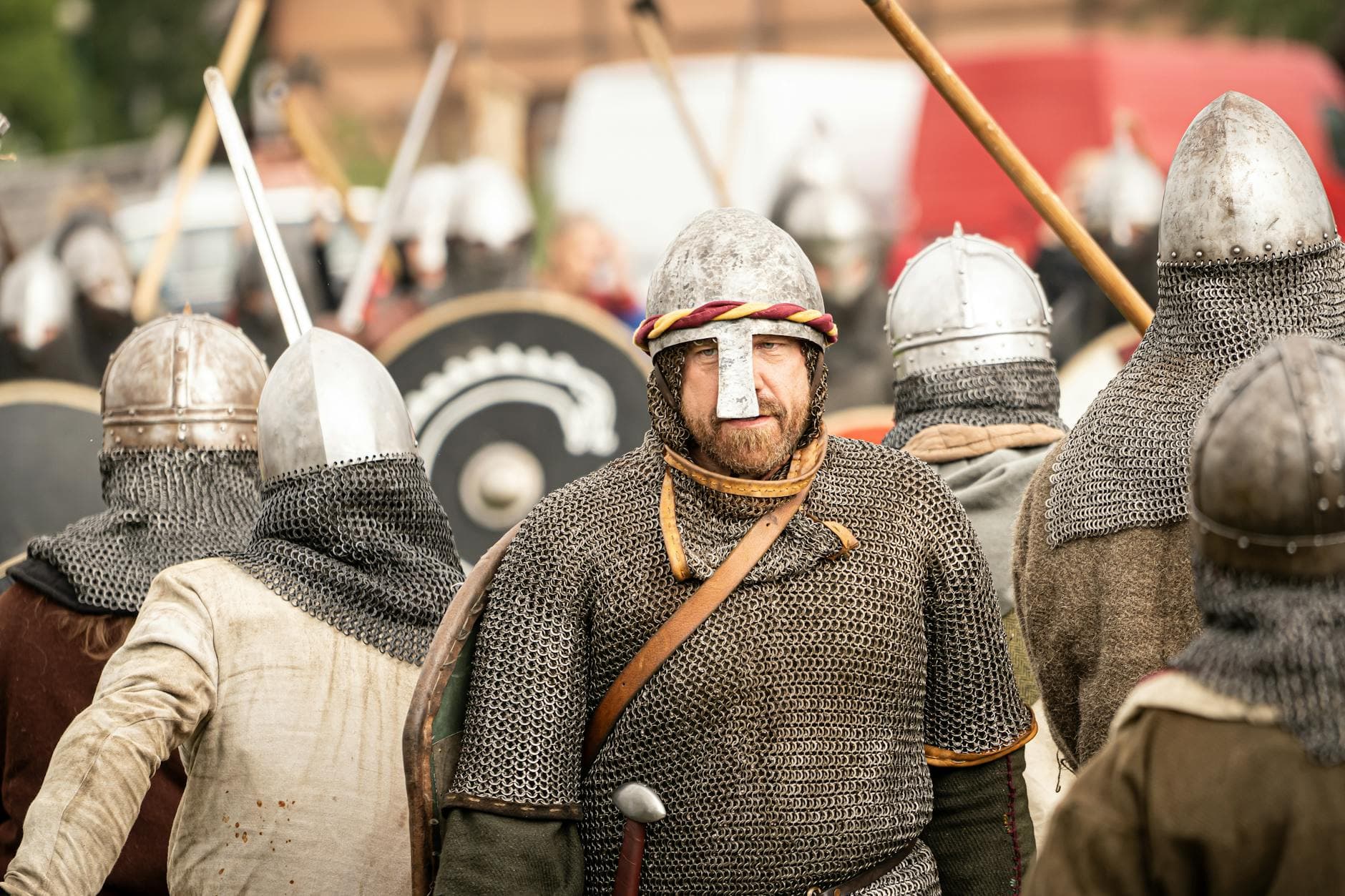 Viking reenactors in historical armor at a medieval festival in Szczecin, Poland.